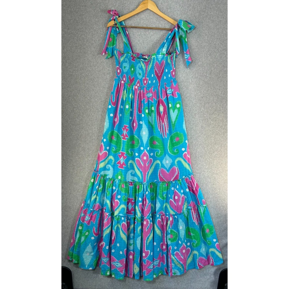 Crown & Ivy Maxi Dress Blue Pink Ikat Smocked Tie Shoulder Beach Womens Medium